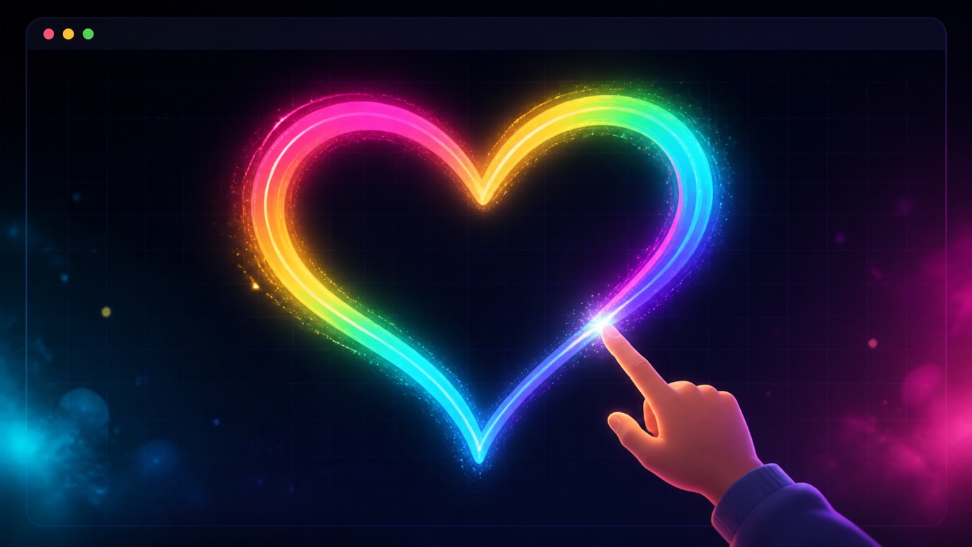 Un corazón arcoíris pintado en el aire con la punta del dedo iluminada